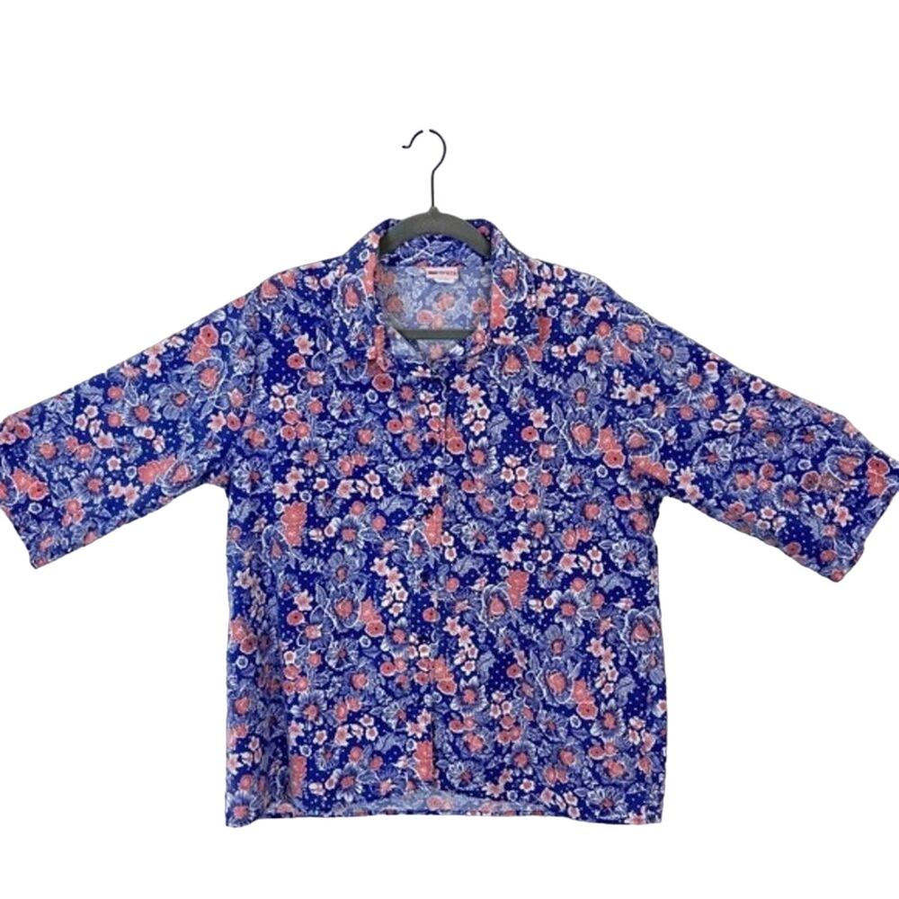 80s Floral Shirt Button Up Top Vintage 80s Blue Pink Farm Chic 3/4 Sleeve Large